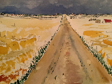 watercolour painting of prairie road by Bev